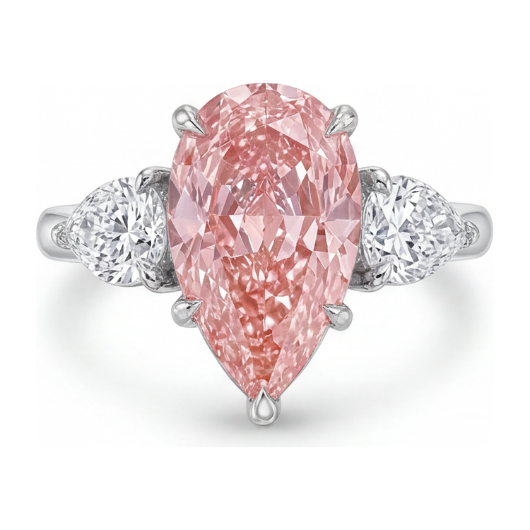 Bague trois pierres en or blanc 14 carats avec diamant rose de laboratoire taille poire 2,5 carats