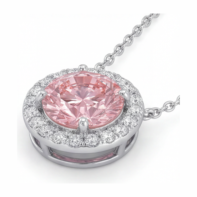 Collier Pendentif Halo en Diamant Rose de Laboratoire Rond 2,5 Carats en Or Blanc 14K