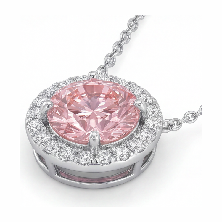 Collier Pendentif Halo Rond Diamant Rose de Laboratoire 2,5 Carats en Or Blanc 14 Carats