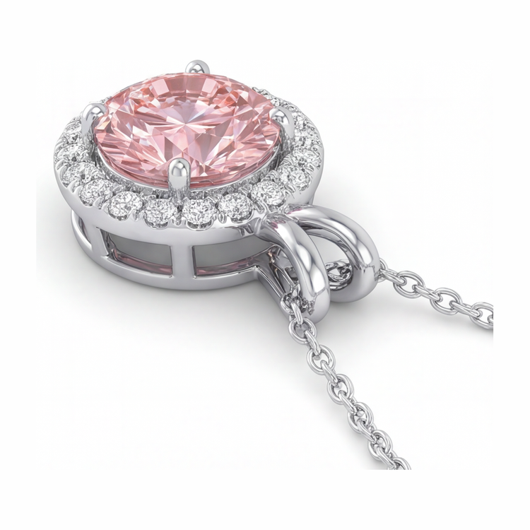 Collier Pendentif Halo Rond Diamant Rose de Laboratoire 2,5 Carats en Or Blanc 14 Carats