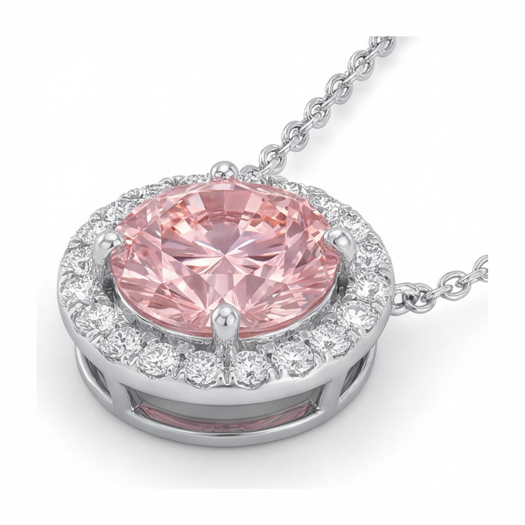 Collier Pendentif Halo en Diamant Rose de Laboratoire Rond 2,5 Carats en Or Blanc 14K