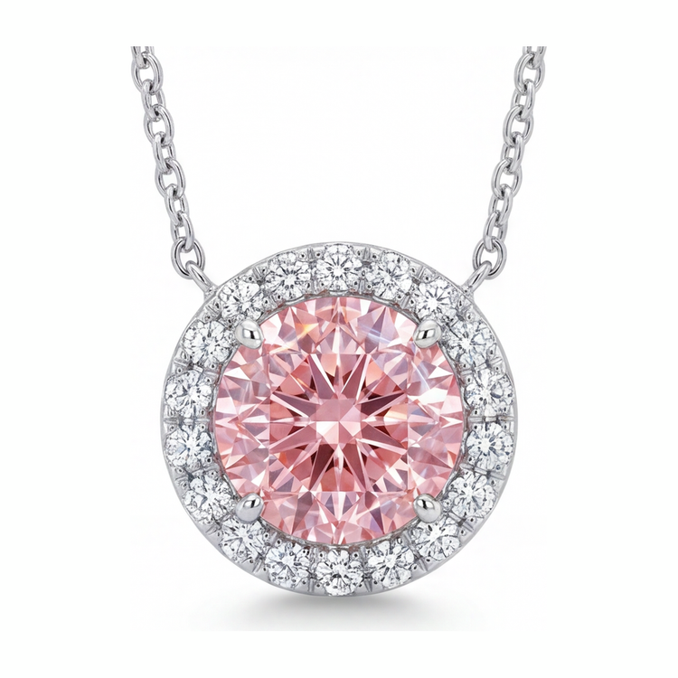 Collier Pendentif Halo en Diamant Rose de Laboratoire Rond 2,5 Carats en Or Blanc 14K