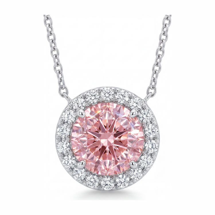 Collier Pendentif Halo Rond Diamant Rose de Laboratoire 2,5 Carats en Or Blanc 14 Carats