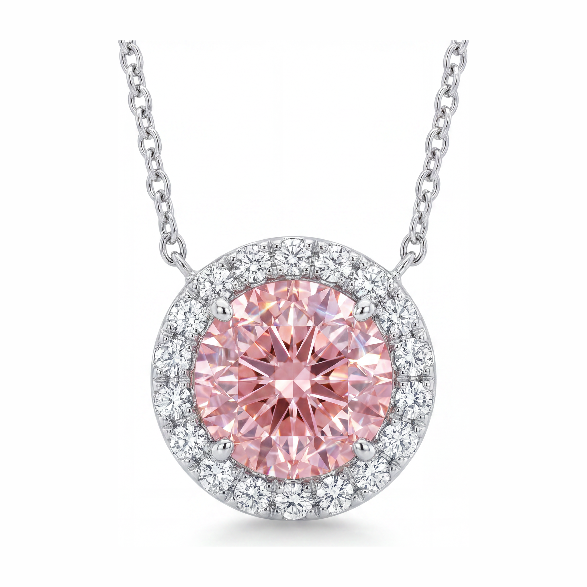Collier Pendentif Halo en Diamant Rose de Laboratoire Rond 2,5 Carats en Or Blanc 14K