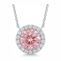 Collier Pendentif Halo en Diamant Rose de Laboratoire Rond 2,5 Carats en Or Blanc 14K