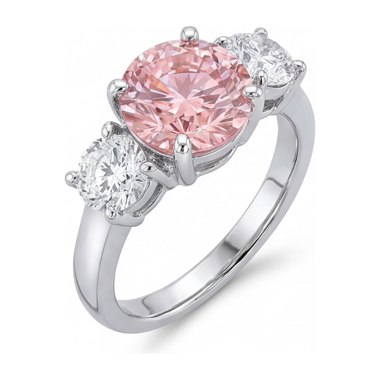 Bague de Fiançailles Diamant Rose de Laboratoire 2,5 Carats Rond Trois Pierres Or Blanc 14 Carats