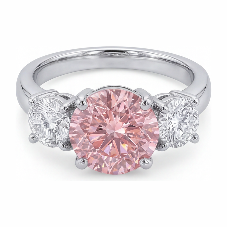 Bague de Fiançailles Diamant Rose de Laboratoire 2,5 Carats Rond Trois Pierres Or Blanc 14 Carats