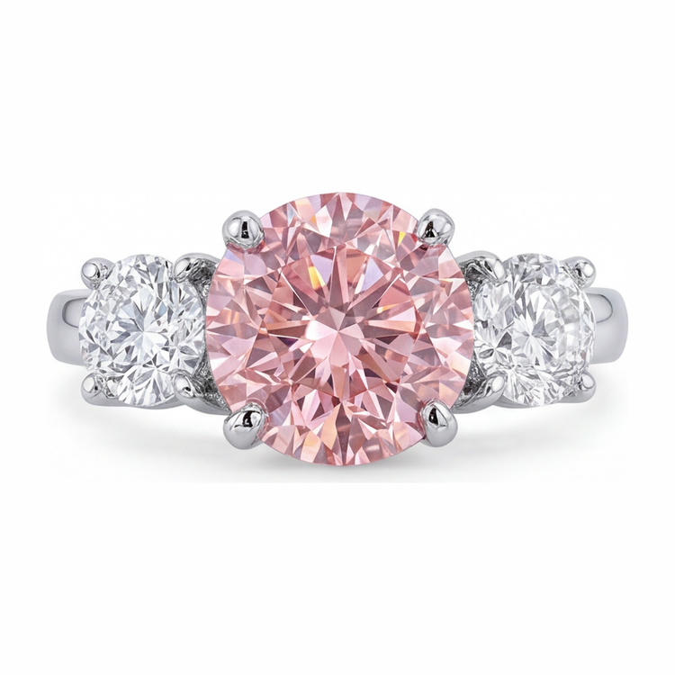 Bague de Fiançailles Trois Pierres en Or Blanc 14 carats avec Diamant Rose Rond de Laboratoire 2,5 Carats