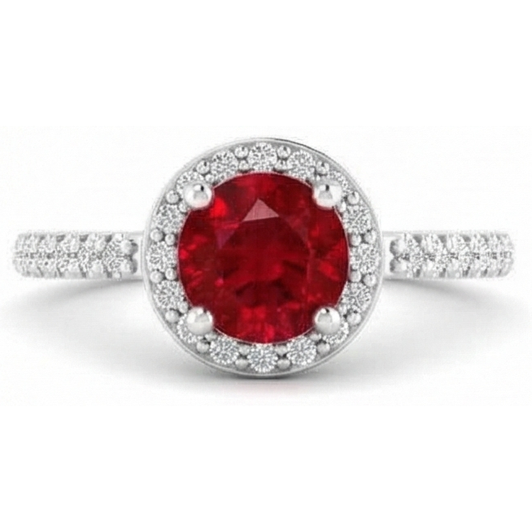 2.50 Carats Bague Ronde Halo Rubis Or Blanc 14K