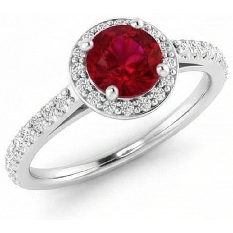 2.50 Carats Bague Ronde Halo Rubis Or Blanc 14K