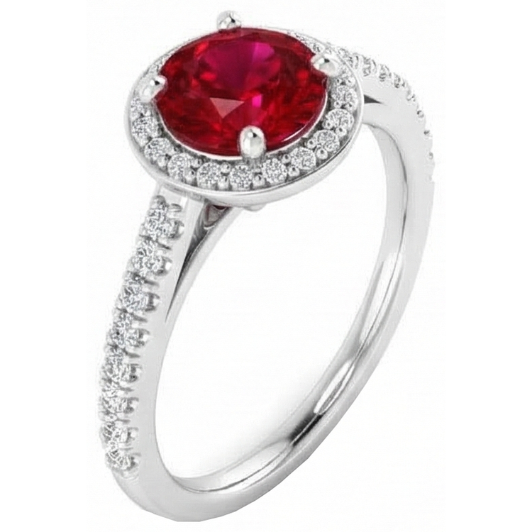 2.50 Carats Bague Ronde Halo Rubis Or Blanc 14K