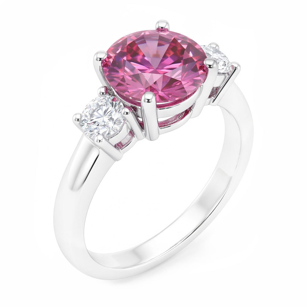 2.50 Carats Bague Trois Pierres Saphir Rose Taille Ronde Or Blanc 14K