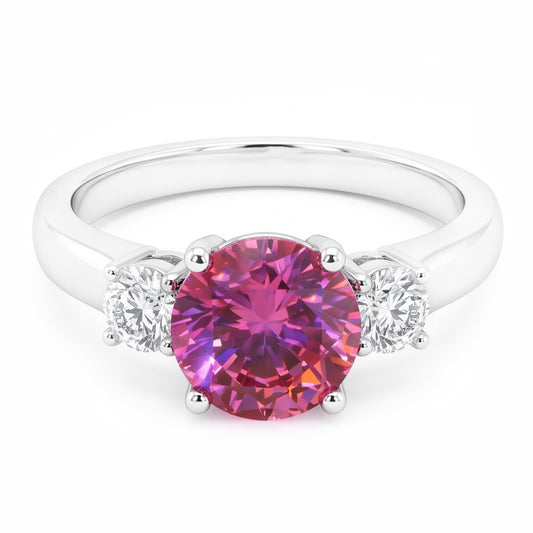 2.50 Carats Bague Trois Pierres Saphir Rose Taille Ronde Or Blanc 14K