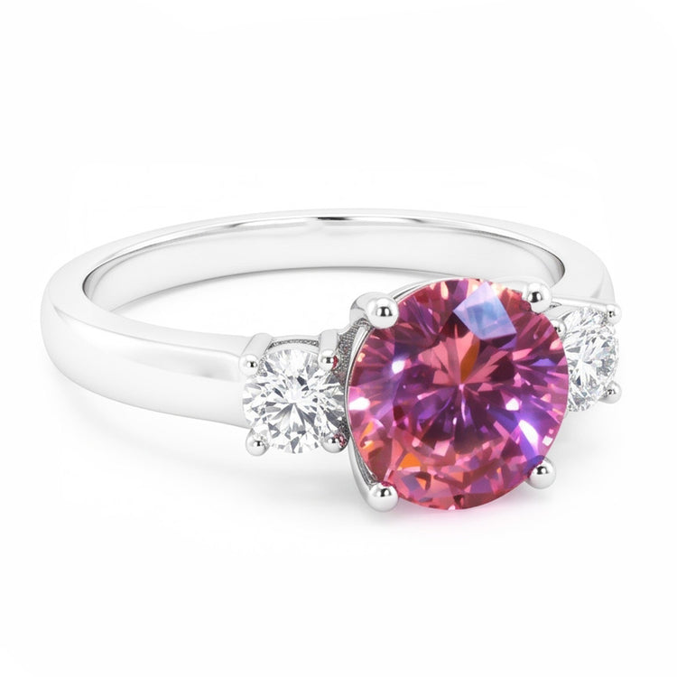 2.50 Carats Bague Trois Pierres Saphir Rose Taille Ronde Or Blanc 14K