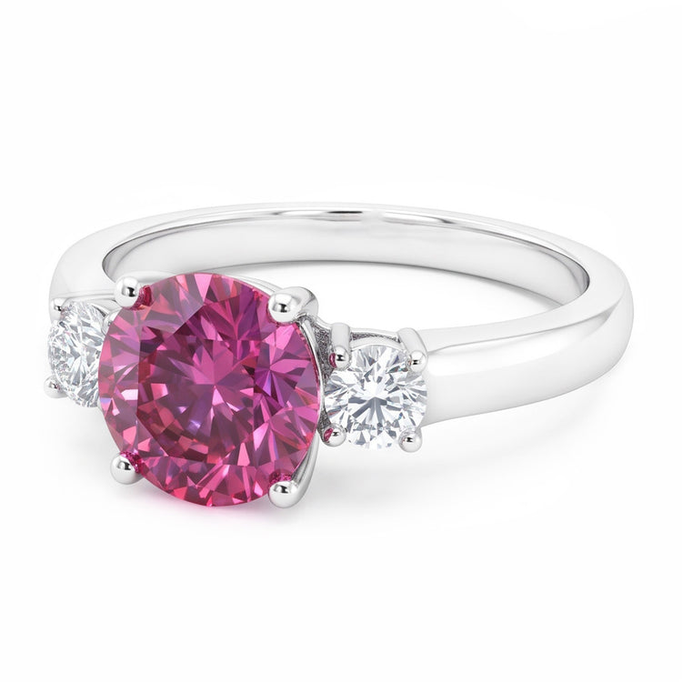 2.50 Carats Bague Trois Pierres Saphir Rose Taille Ronde Or Blanc 14K