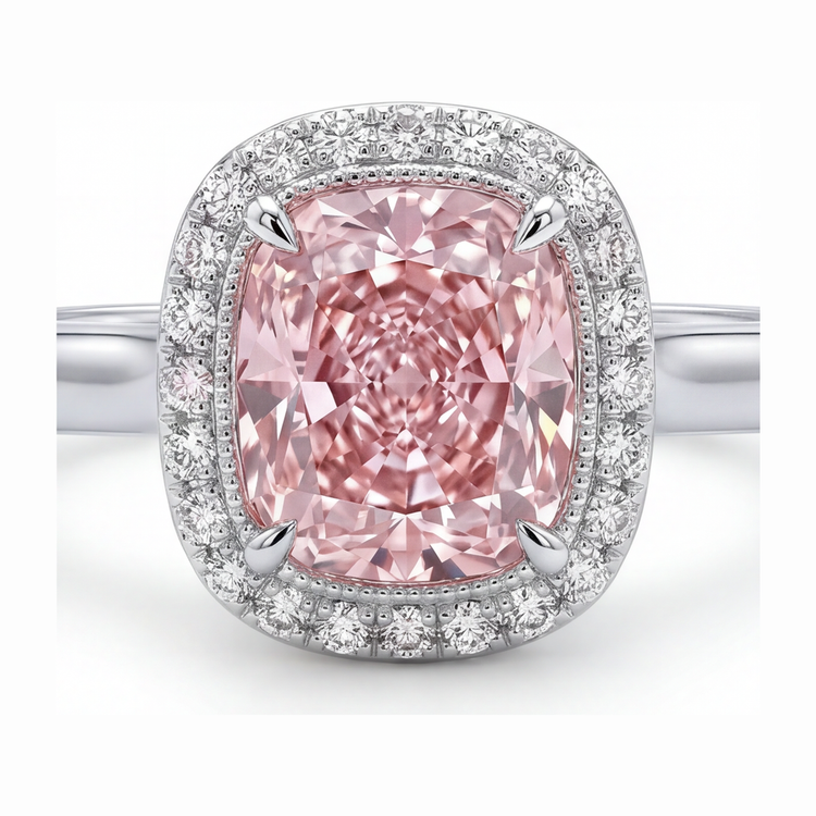 Bague en diamant rose de laboratoire 2,75 carats halo coussin en Or Blanc 14 carats