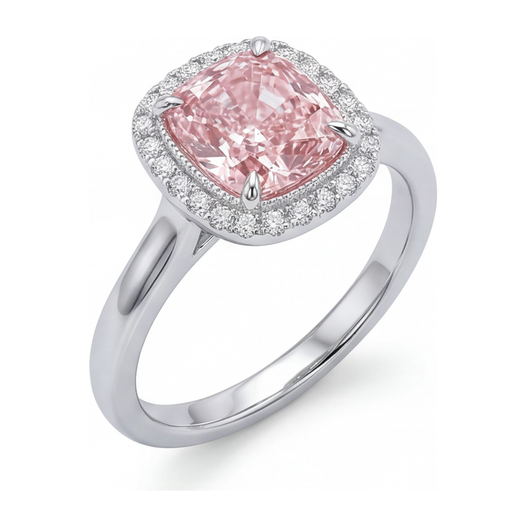 Bague en diamant rose de laboratoire 2,75 carats taille coussin halo en or blanc 14 carats