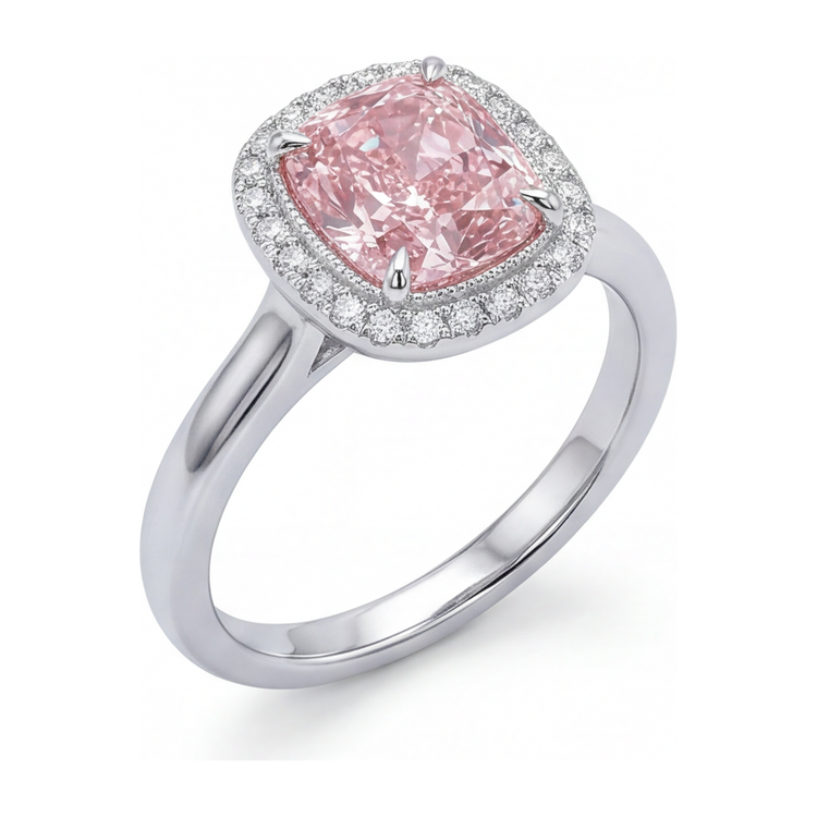Bague en diamant rose de laboratoire 2,75 carats taille coussin halo en or blanc 14 carats