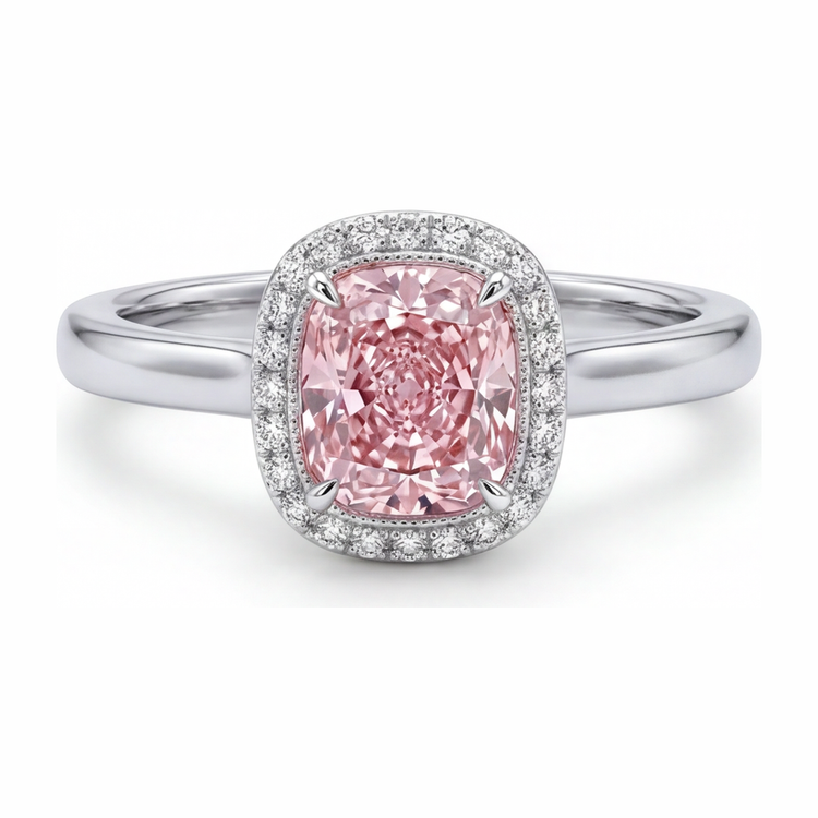 Bague en diamant rose de laboratoire 2,75 carats halo coussin en Or Blanc 14 carats