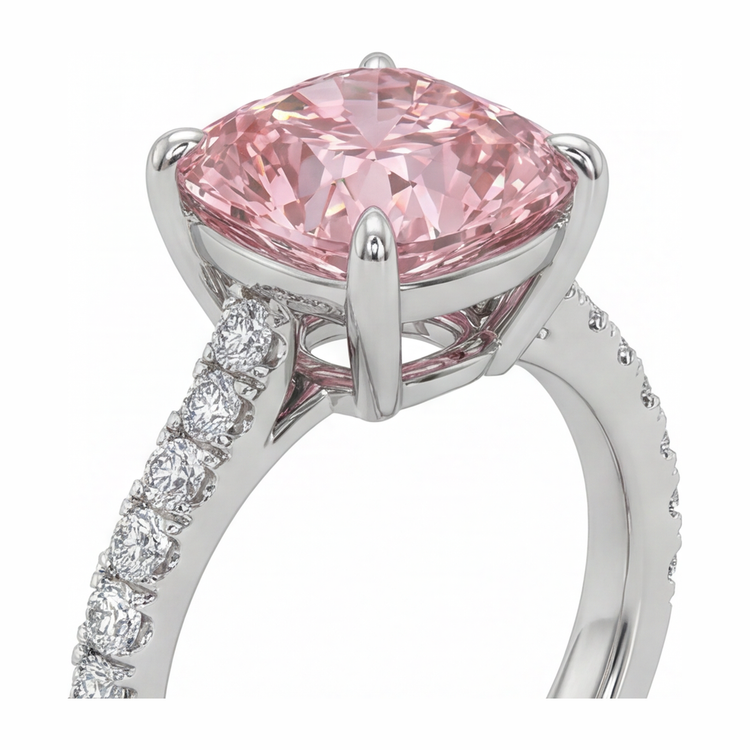 Bague en diamant rose de laboratoire 2,75 carats taille coussin pavé en Or Blanc 14 carats