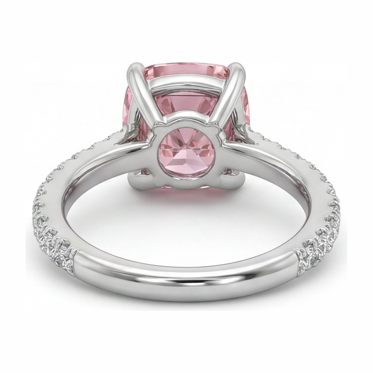 Bague en diamant rose de laboratoire 2,75 carats taille coussin pavé en Or Blanc 14 carats