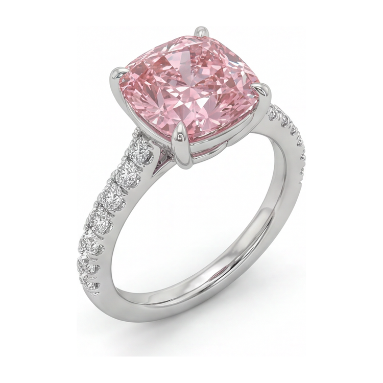 Bague en diamant rose de laboratoire 2,75 carats taille coussin pavé en Or Blanc 14 carats