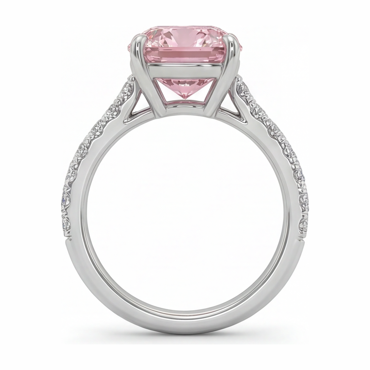 Bague en diamant rose de laboratoire 2,75 carats taille coussin pavée en or blanc 14 carats