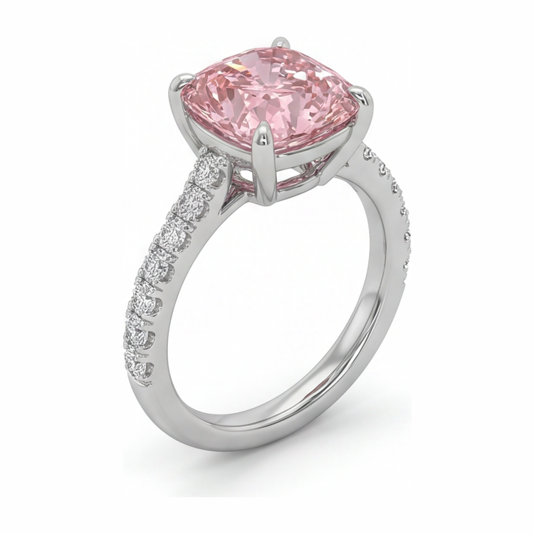 Bague en diamant rose de laboratoire 2,75 carats taille coussin pavé en Or Blanc 14 carats