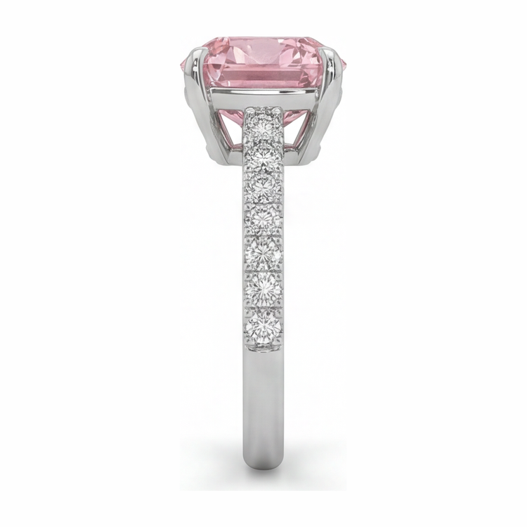 Bague en diamant rose de laboratoire 2,75 carats taille coussin pavée en or blanc 14 carats