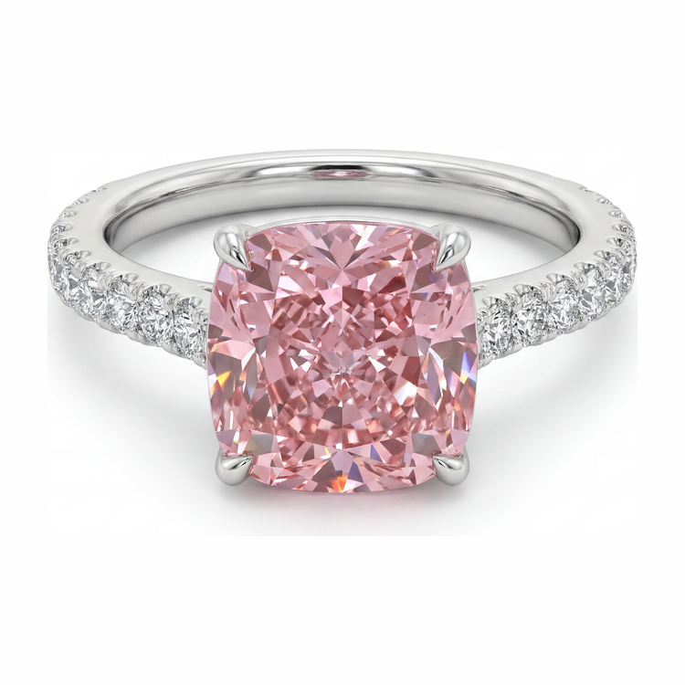 Bague en diamant rose de laboratoire 2,75 carats taille coussin pavé en Or Blanc 14 carats