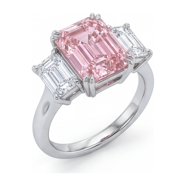 Bague trois pierres diamant rose de laboratoire taille émeraude 2,75 carats en or blanc 14K