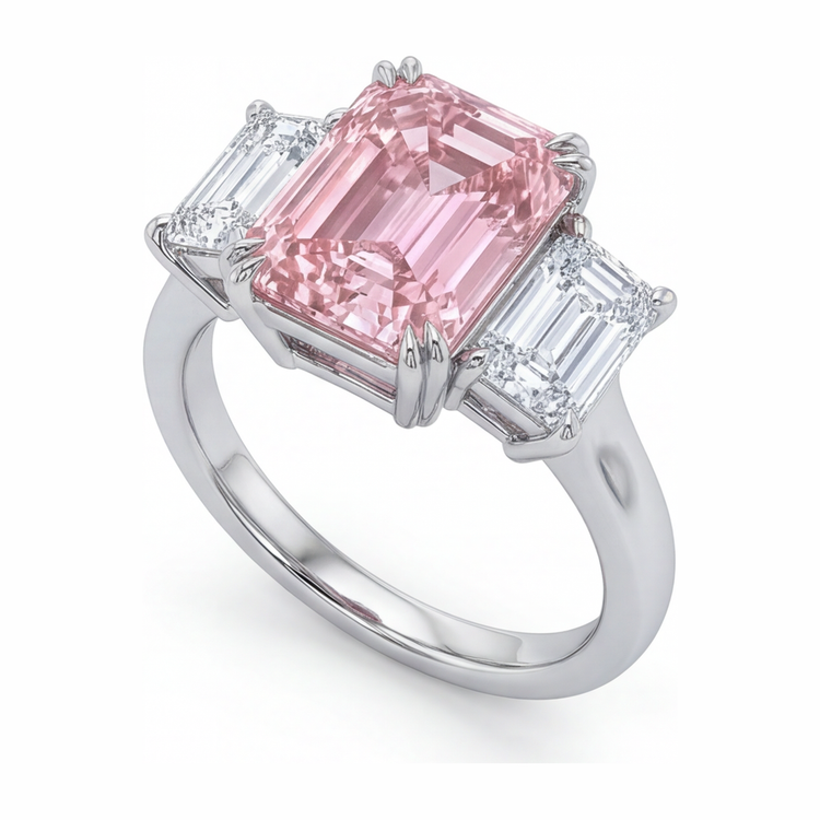 Bague trois pierres diamant rose de laboratoire taille émeraude 2,75 carats en or blanc 14K
