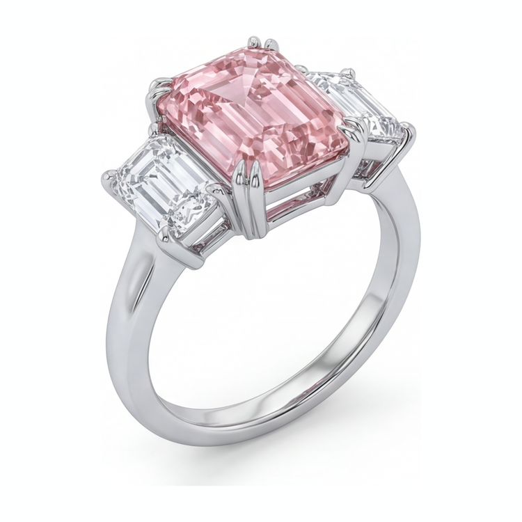 Bague trois pierres diamant rose de laboratoire taille émeraude 2,75 carats en or blanc 14K
