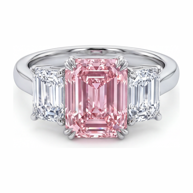Bague trois pierres diamant rose de laboratoire taille émeraude 2,75 carats en or blanc 14K