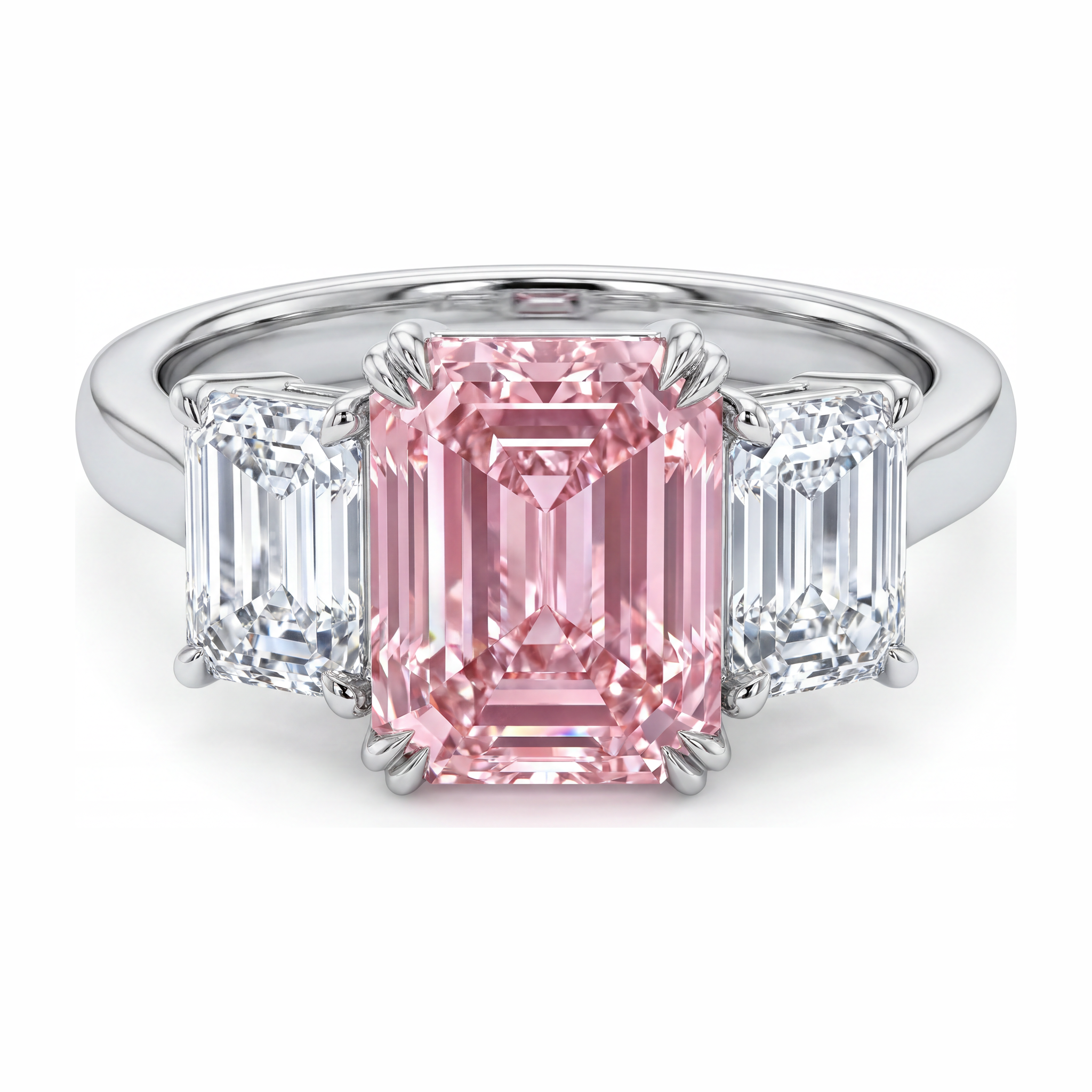 Bague trois pierres diamant rose de laboratoire taille émeraude 2,75 carats en or blanc 14K