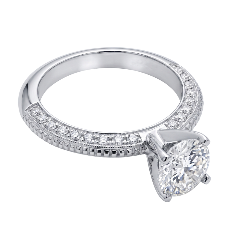 2 Carats. Bague de Fiançailles Ronde Micro Pavé de Naturel Diamants Naturels Extraits des Mines ( et non cultivés en laboratoire ) Or Blanc 14K