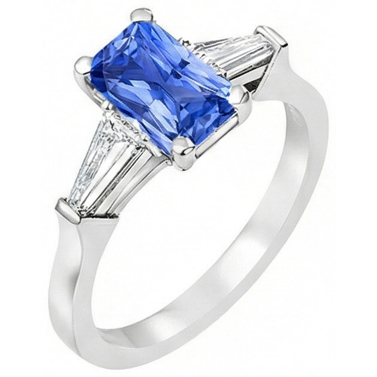 2 Carats Bijoux Femme Bague Saphir Bleu Baguette Conique 3 Pierre