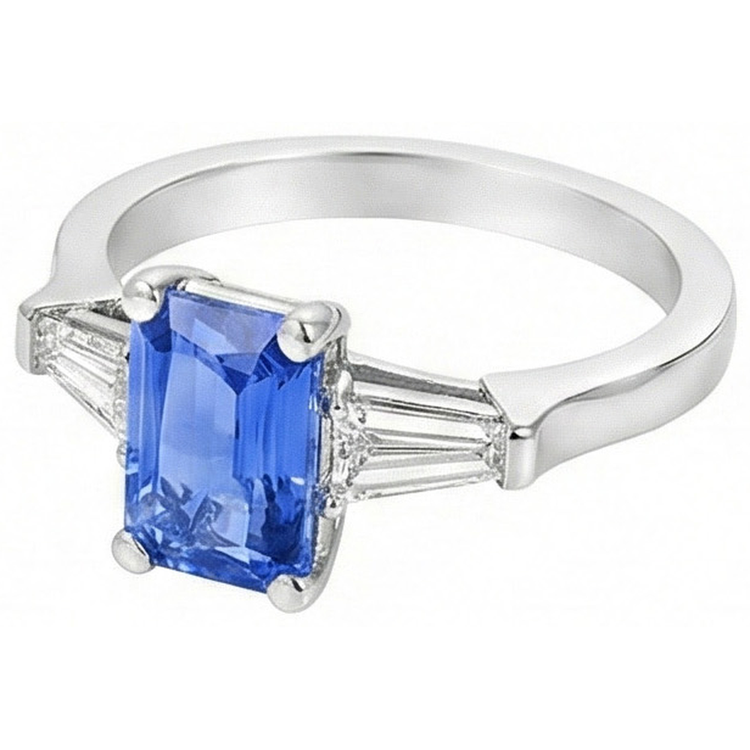 2 Carats Bijoux Femme Bague Saphir Bleu Baguette Conique 3 Pierre
