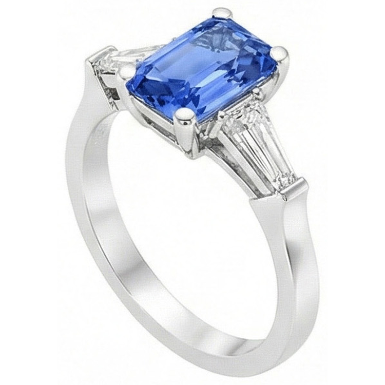 2 Carats Bijoux Femme Bague Saphir Bleu Baguette Conique 3 Pierre