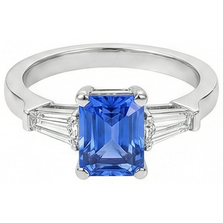 2 Carats Bijoux Femme Bague Saphir Bleu Baguette Conique 3 Pierre