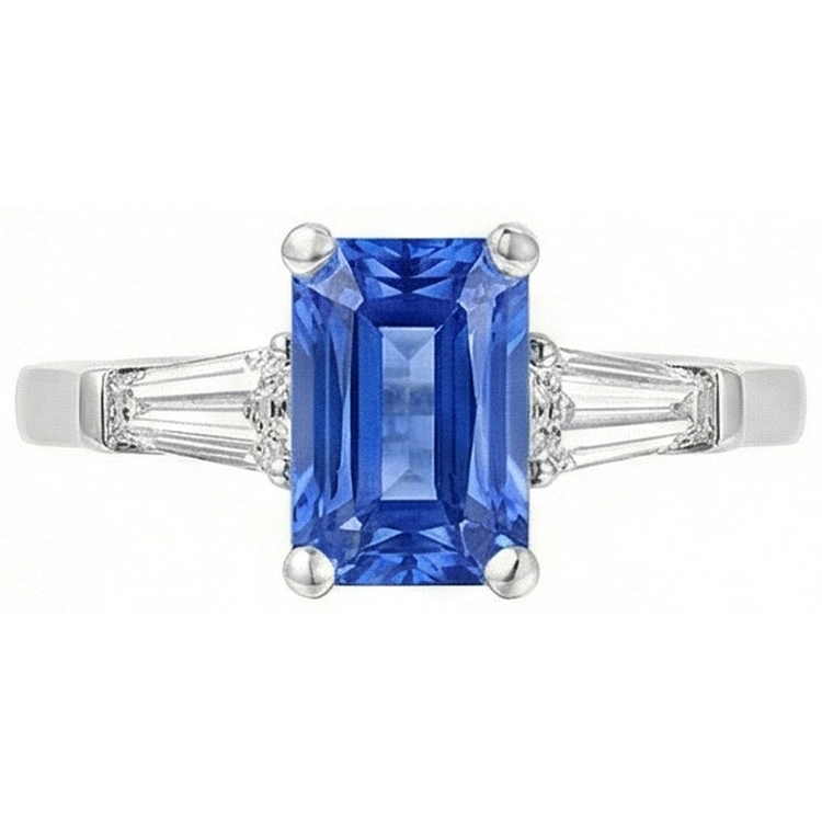 2 Carats Bijoux Femme Bague Saphir Bleu Baguette Conique 3 Pierre