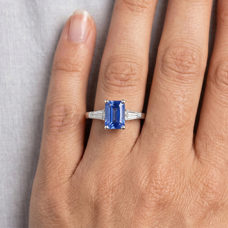 2 Carats Bijoux Femme Bague Saphir Bleu Baguette Conique 3 Pierre