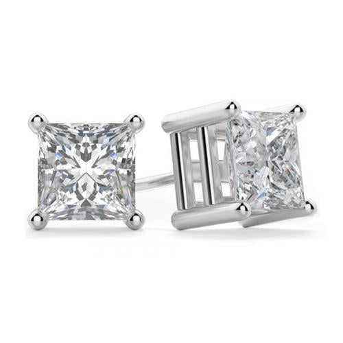 2 Carats. Clous D'Oreilles Véritable Diamant Taille Princesse Serti 4 Griffes Or Blanc