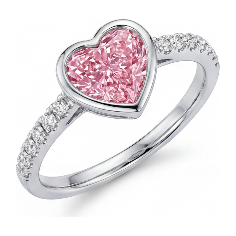 Bague Diamant Cœur Rose 2 Carats de Laboratoire Lunette Or Blanc 14 Carats