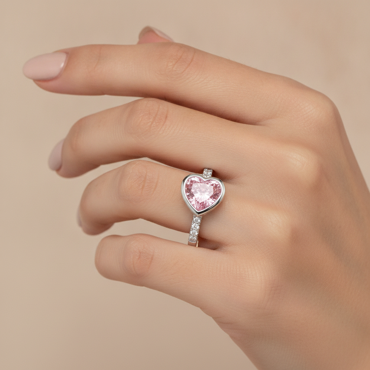 Bague Diamant Cœur Rose 2 Carats de Laboratoire Lunette Or Blanc 14 Carats