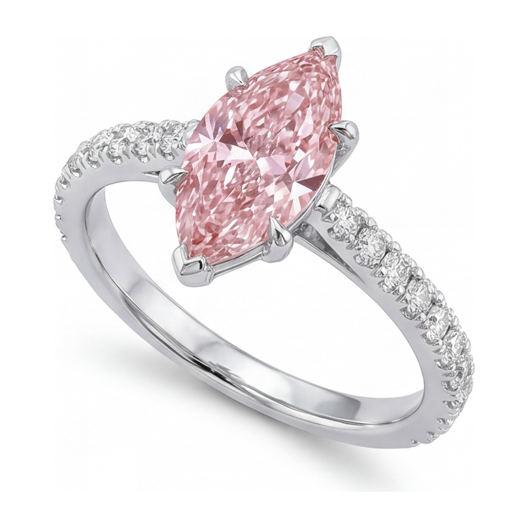 Bague diamant rose de laboratoire 2 carats taille marquise pavée en or blanc 14 carats