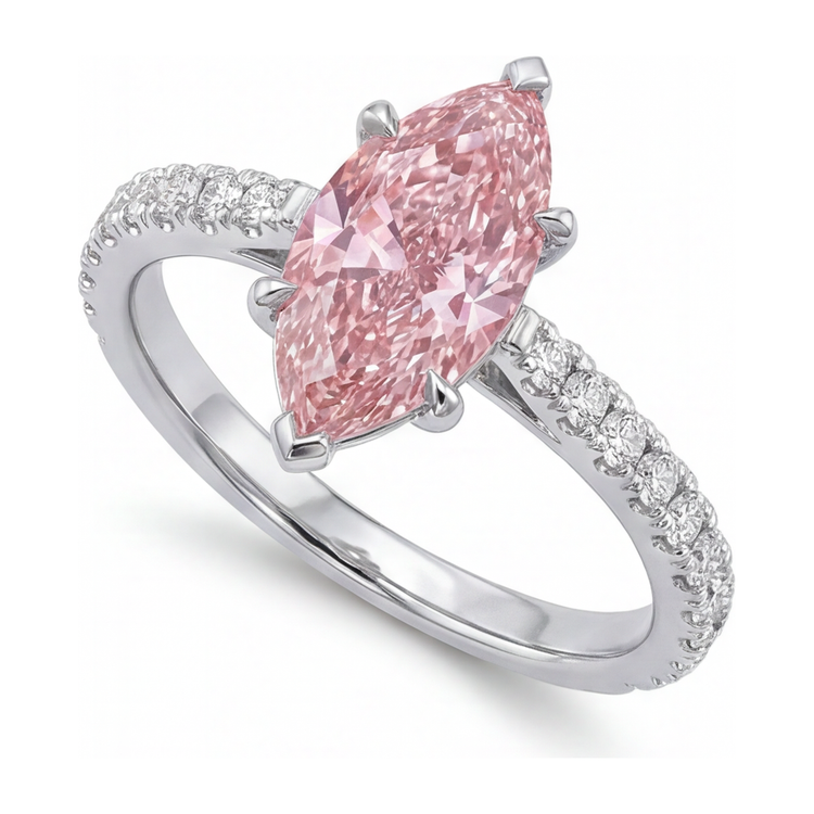 Bague en Or Blanc 14 carats avec Diamant Rose de laboratoire 2 carats taille Marquise pavée