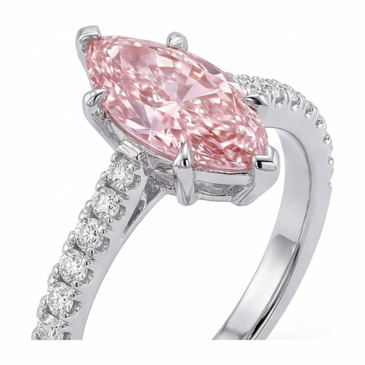 Bague diamant rose de laboratoire 2 carats taille marquise pavée en or blanc 14 carats
