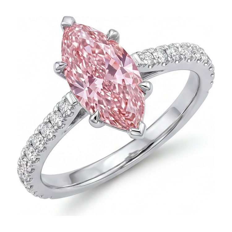 Bague en Or Blanc 14 carats avec Diamant Rose de laboratoire 2 carats taille Marquise pavée
