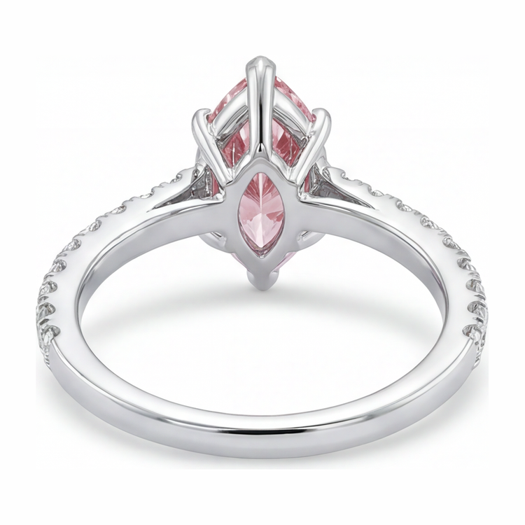 Bague diamant rose de laboratoire 2 carats taille marquise pavée en or blanc 14 carats
